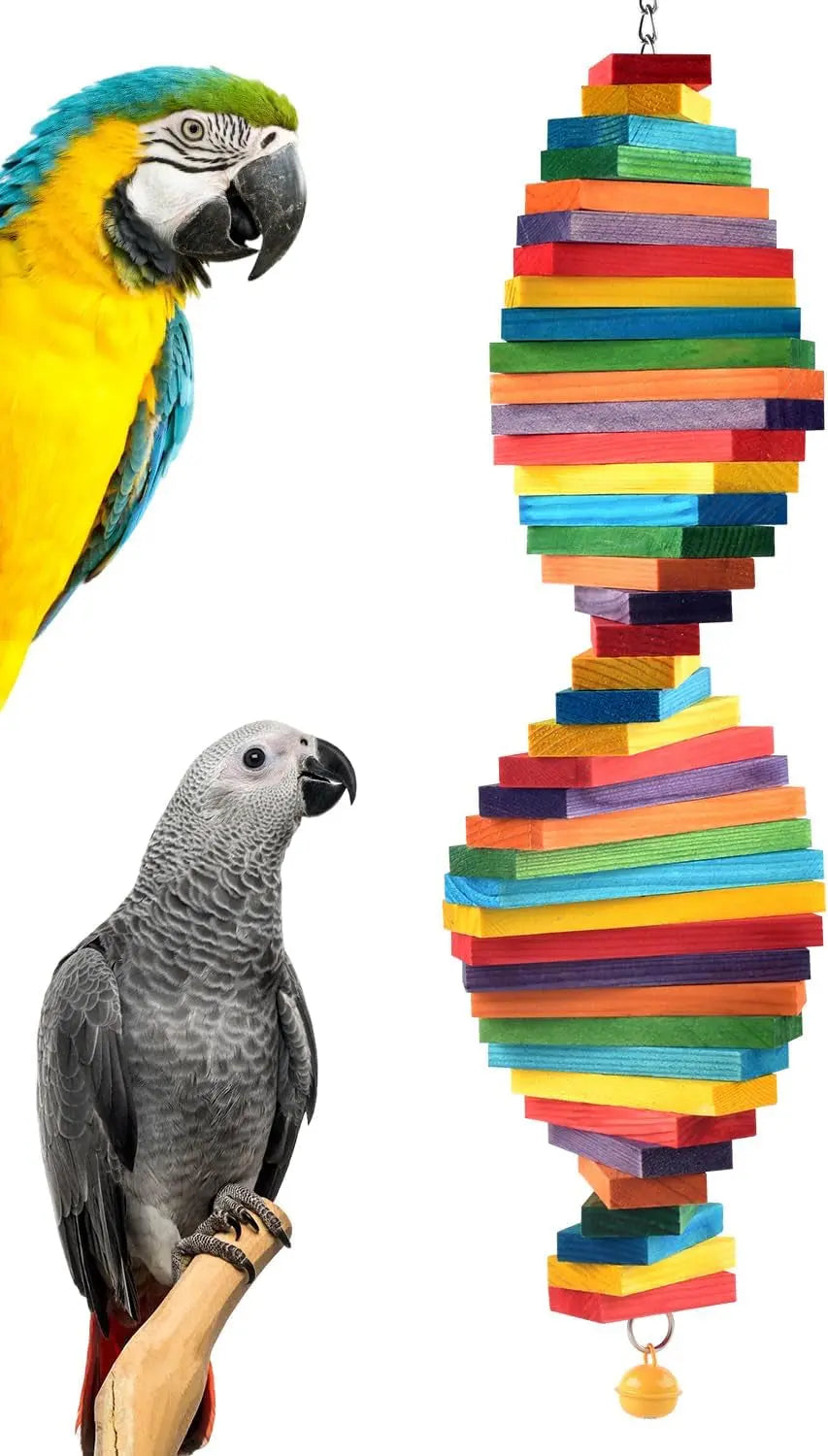 Bird Chew Toy with Wooden Blocks, Hanging Parrot Toy for Medium to Large Birds