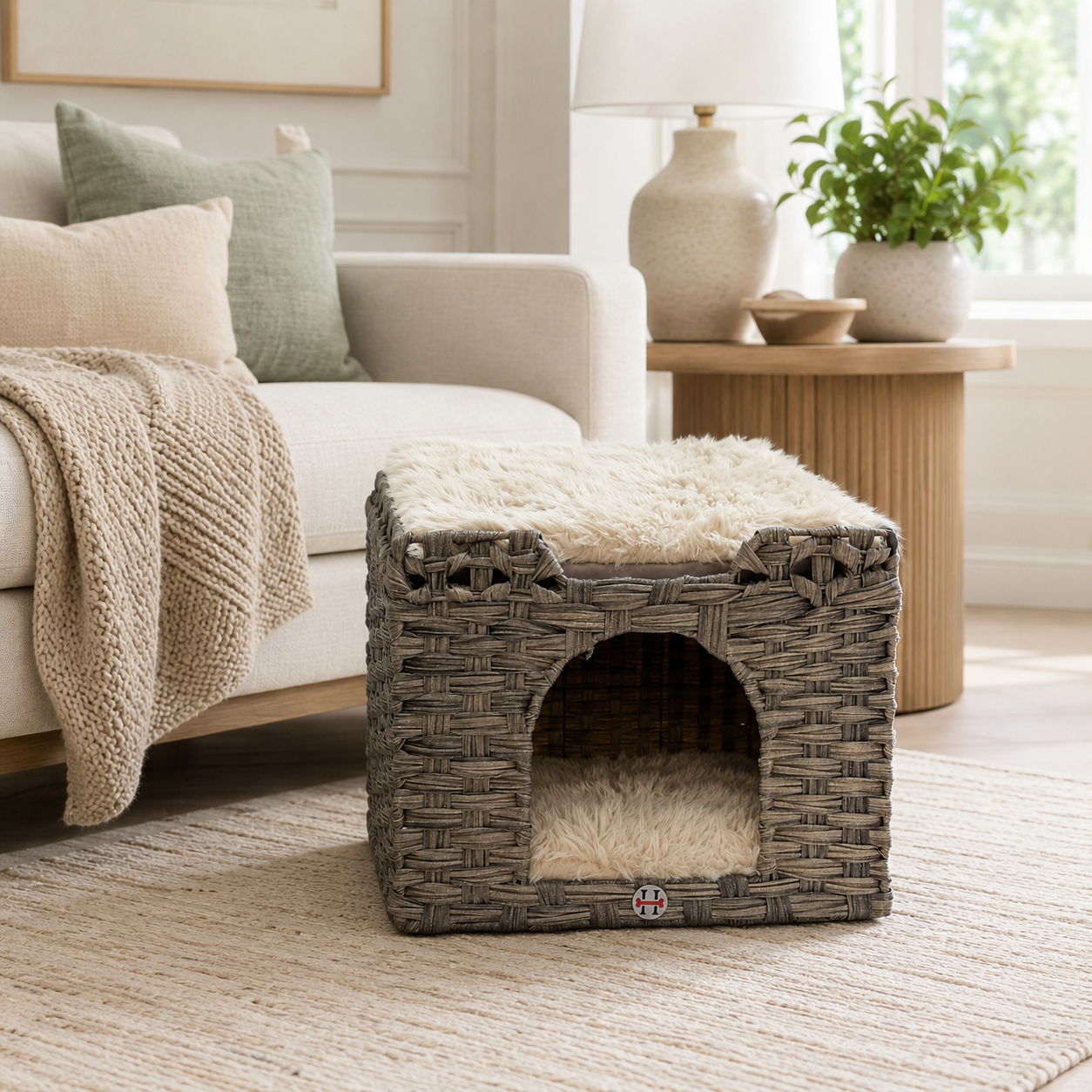 Huntley Pet Cat House, 2 Cushion Bed, Gray