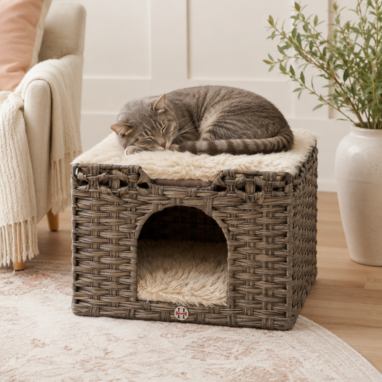 Huntley Pet Cat House, 2 Cushion Bed, Gray
