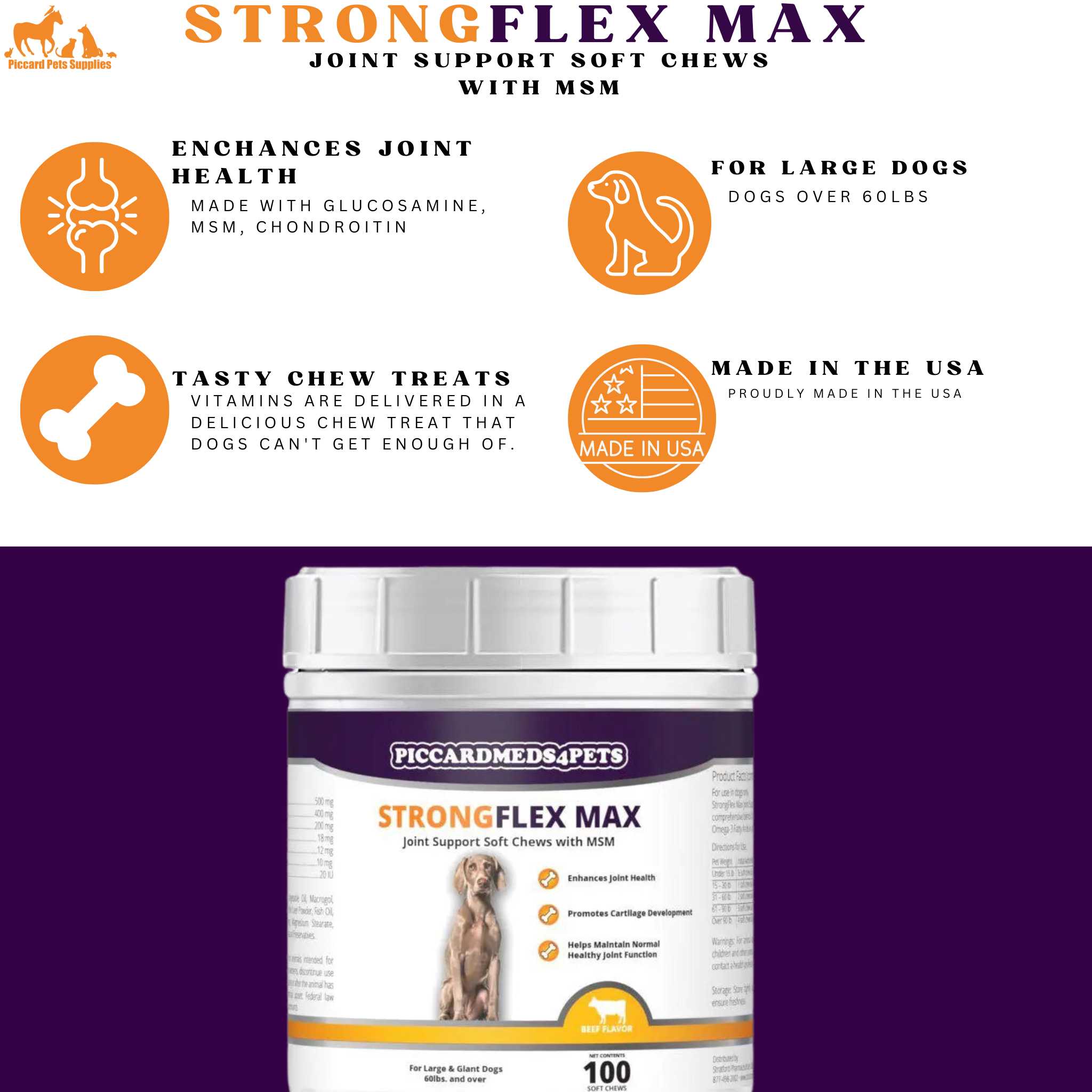 Piccardmeds4pets StrongFlex Max Joint Support Chews Large Dogs 100ct + FREE Bandana!