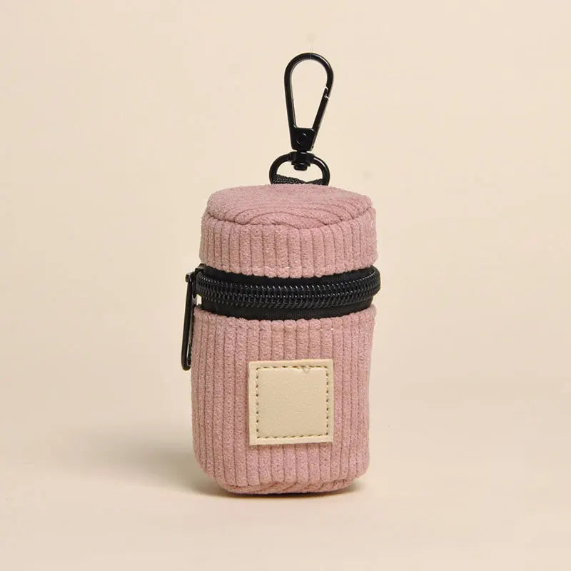 Corduroy Dog Poop Bag Holder with Carabiner, Portable Zipper Pet Waste Bag Dispenser for Outdoor Walking