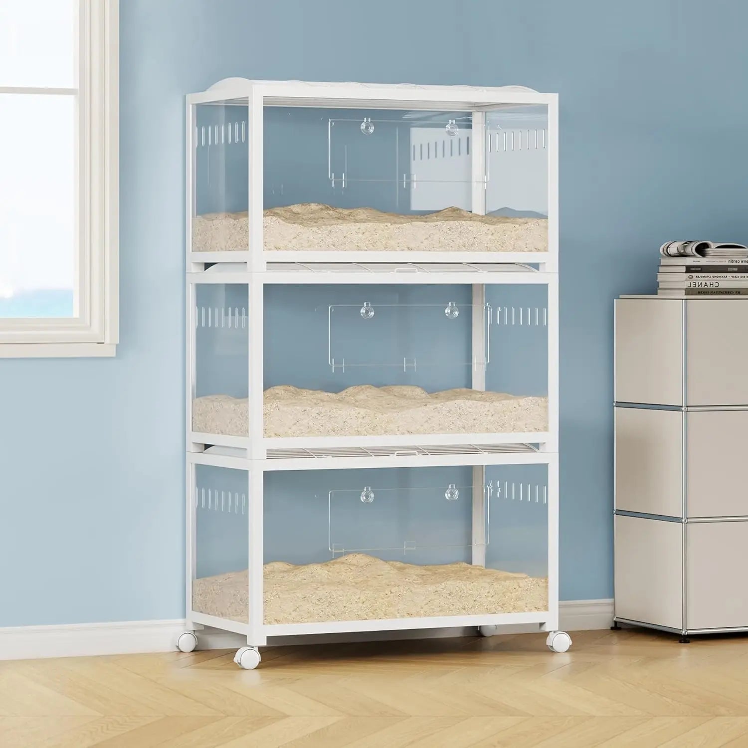Hamster Cage with Wheels,Metal & Acrylic Habitat for Hamster,Guinea Pig,Gerbil,Mice,Chew-Proof, Dual Doors, Easy Clean