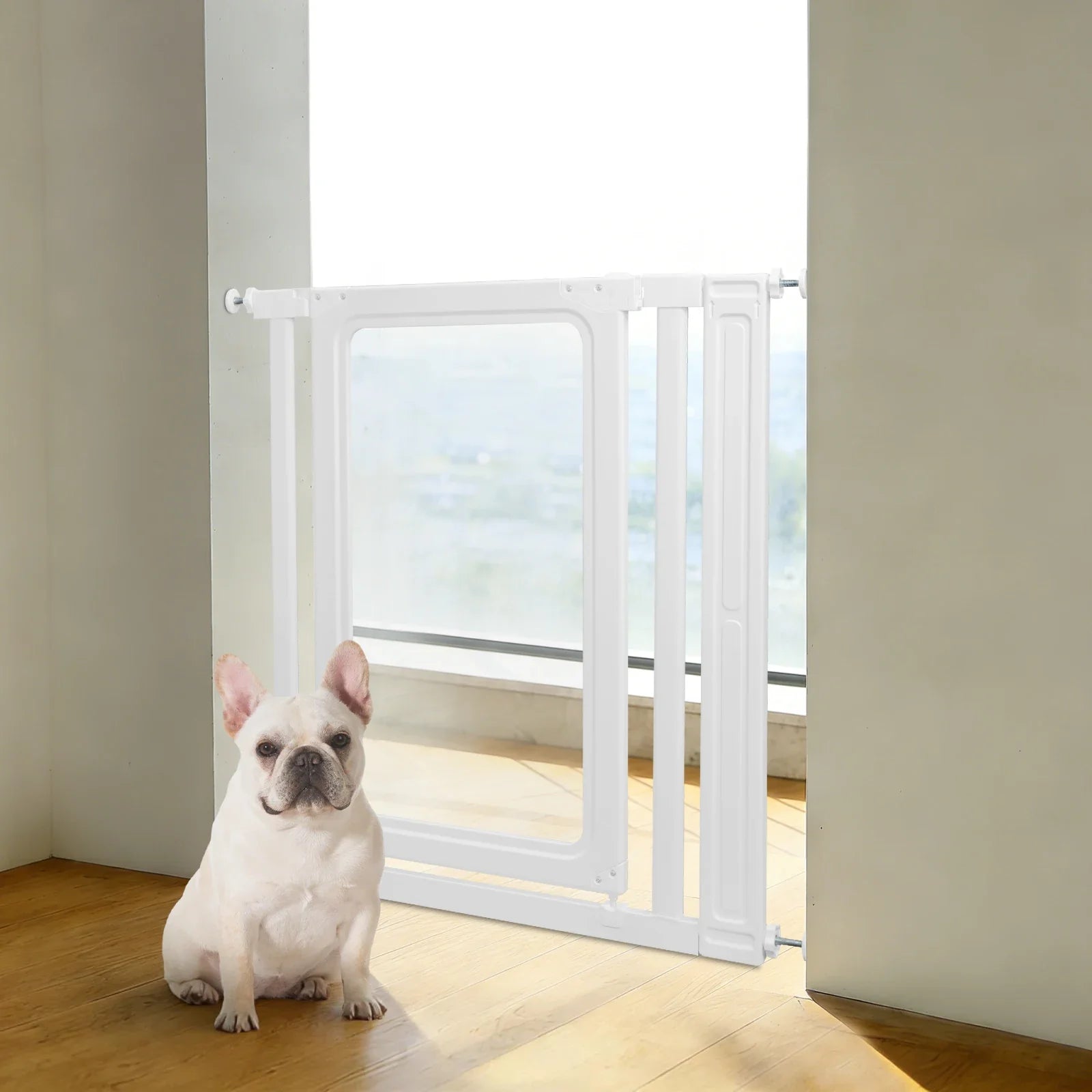 83cm Clear Pet Gate for Doorways, 69.5-84cm Width, No Drill Pressure Mount Dog Gate, Automatic Close, Scratch Resistant, for Stairs, Hallway (White)