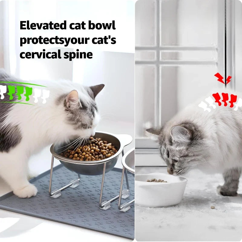304 Stainless Steel Raised Cat Bowl with 15° Elevated Design Tilted Neck Guard Healthy Feeding Shatterproof for Cats Puppies