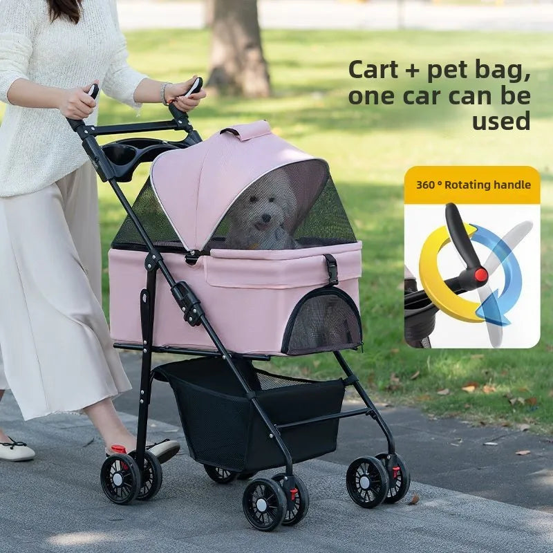 3 in 1 Dog Strollers 4 Wheels Folding Pet Stroller with Detachable Carrier Breathable Visible Mesh Travel Carriers