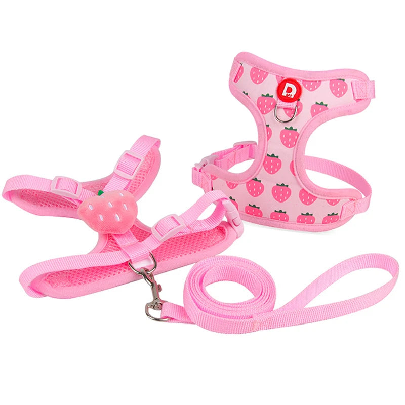 Cute Strawberry Dog Harness Leash Set for Small Medium Dogs Escape Proof Pet Chest Strap Adjustable Breathable Dog Vest Harness