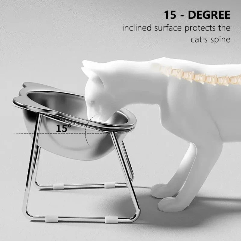 304 Stainless Steel Raised Cat Bowl with 15° Elevated Design Tilted Neck Guard Healthy Feeding Shatterproof for Cats Puppies
