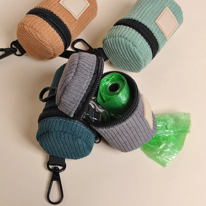Corduroy Dog Poop Bag Holder with Carabiner, Portable Zipper Pet Waste Bag Dispenser for Outdoor Walking