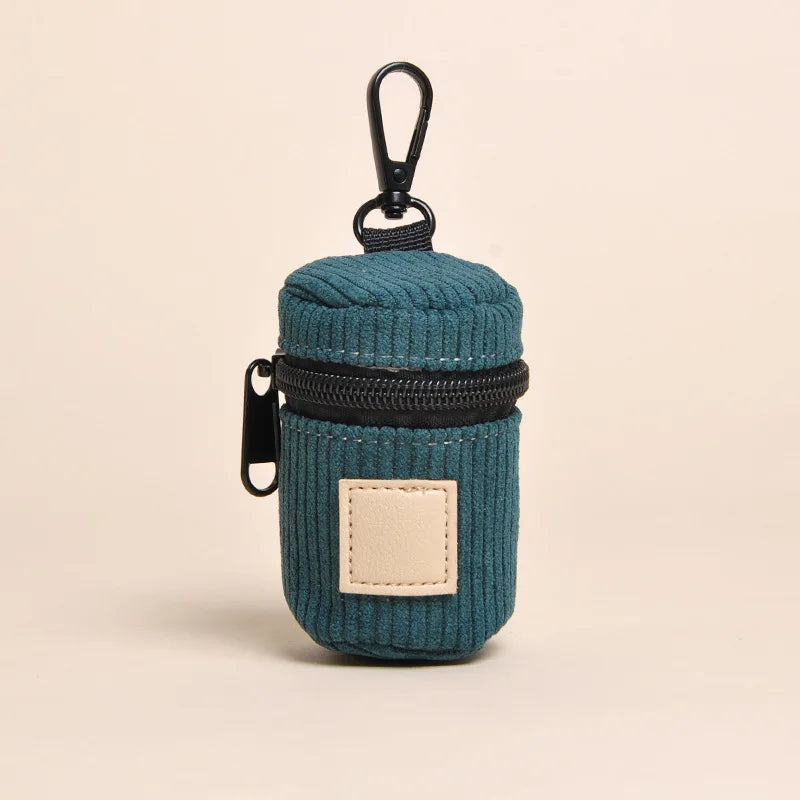 Corduroy Dog Poop Bag Holder with Carabiner, Portable Zipper Pet Waste Bag Dispenser for Outdoor Walking