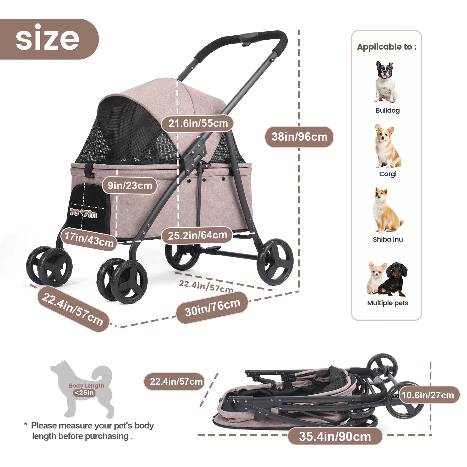 Foldable Dog Stroller Portable Dog Buggy 4 Wheel Pet Stroller Pushchair Travel Carriage Stroller Cart with Fashion bag