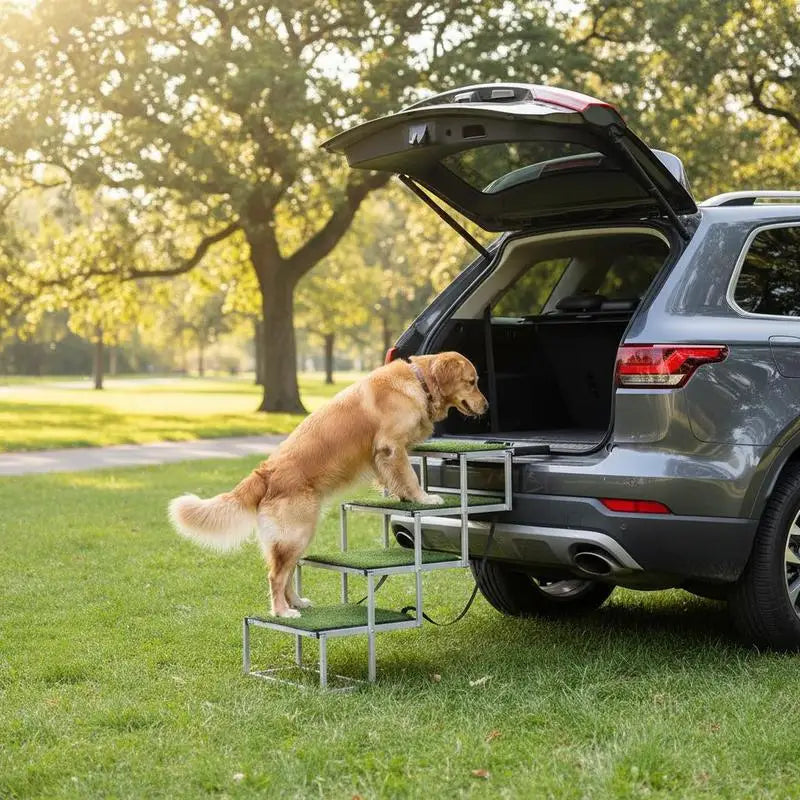 Dog Stairs for Car, 4 Steps Extra Wide Foldable Dog Ramp for Large Dogs with Non-Slip Surface, Portable Lightweight Pet Stairs Ladder for Car, SUV, Truck, High Bed, Sofa, Support up to 200 lbs
