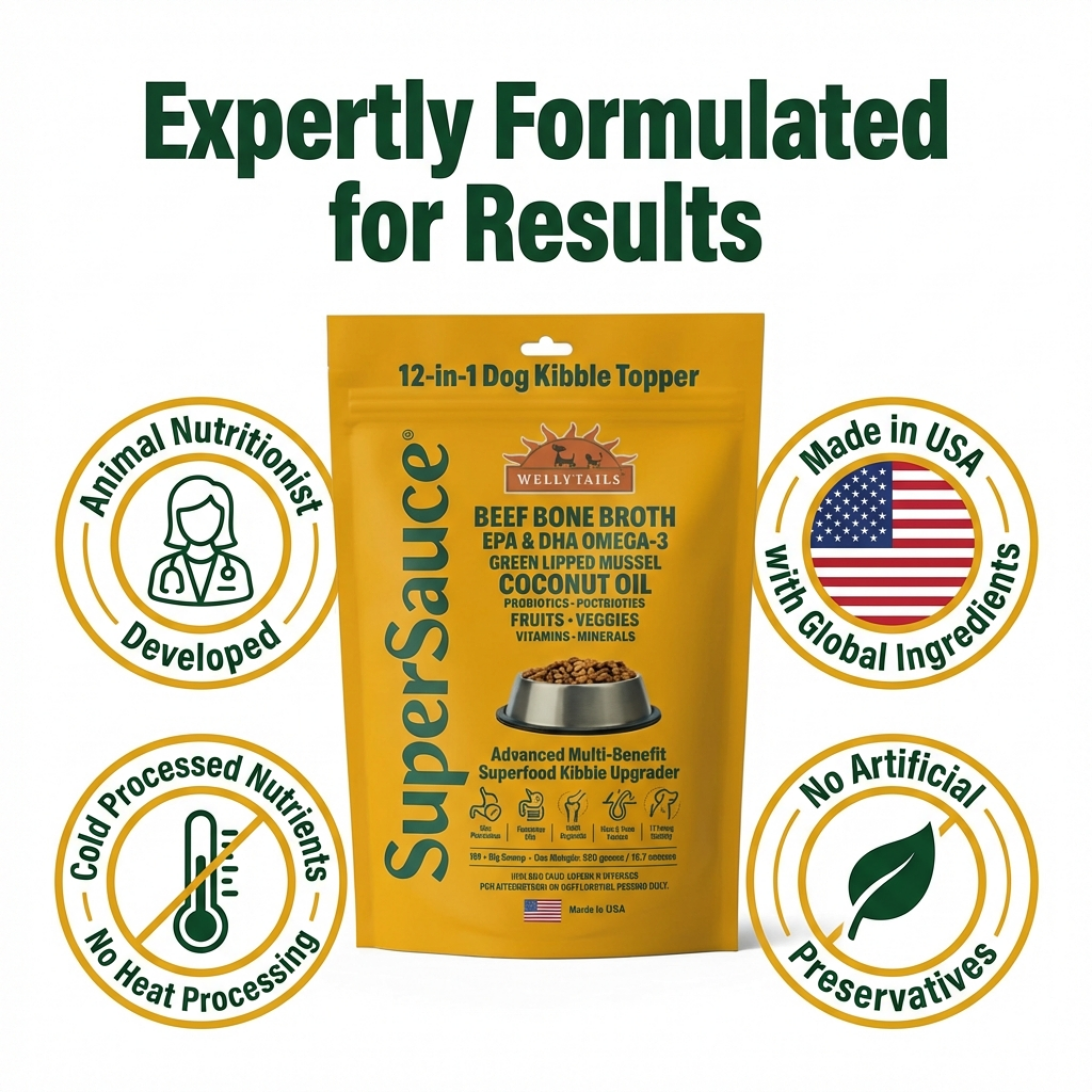SuperSauce 12-In-1 Multifunctional Probiotic Kibble Topper Powder for Dogs — 60 Scoops, 12.7 oz. (360g)