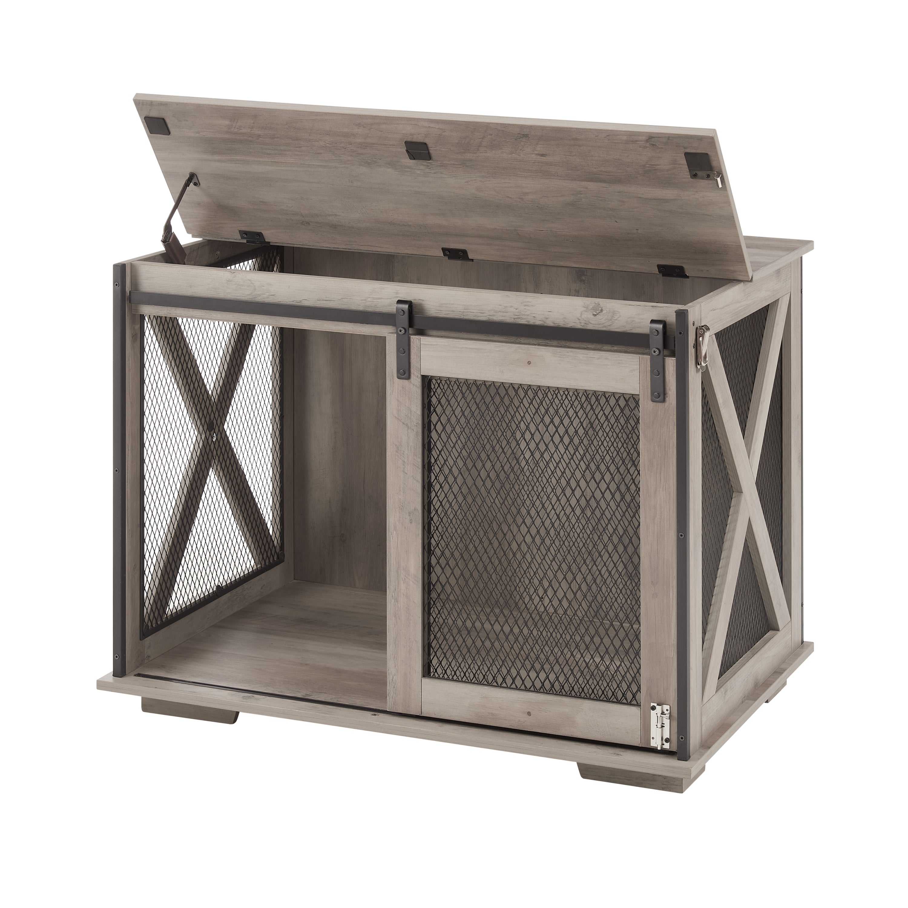 Farmhouse Dog Cage Crate Furniture with Sliding Barn Door, Farmhouse Wooden Dog Kennel End Table with Flip-top Plate Dog House with Detachable Divider for Small/Medium/Large Dog Gray