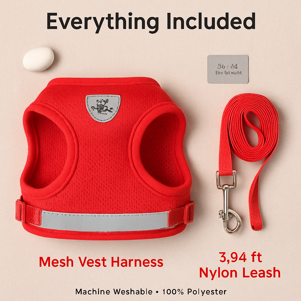 Pet Mesh Harness and Leash Set with Reflective Chest Strap