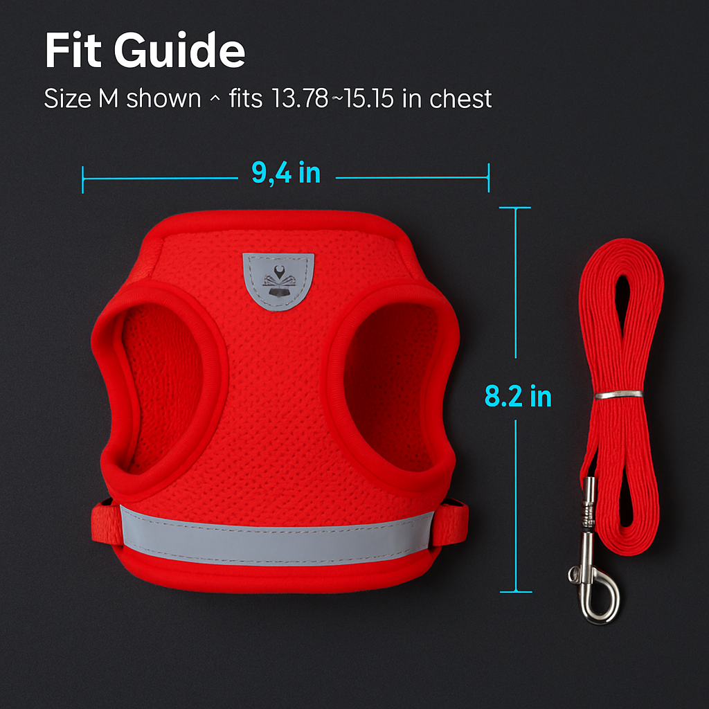 Pet Mesh Harness and Leash Set with Reflective Chest Strap