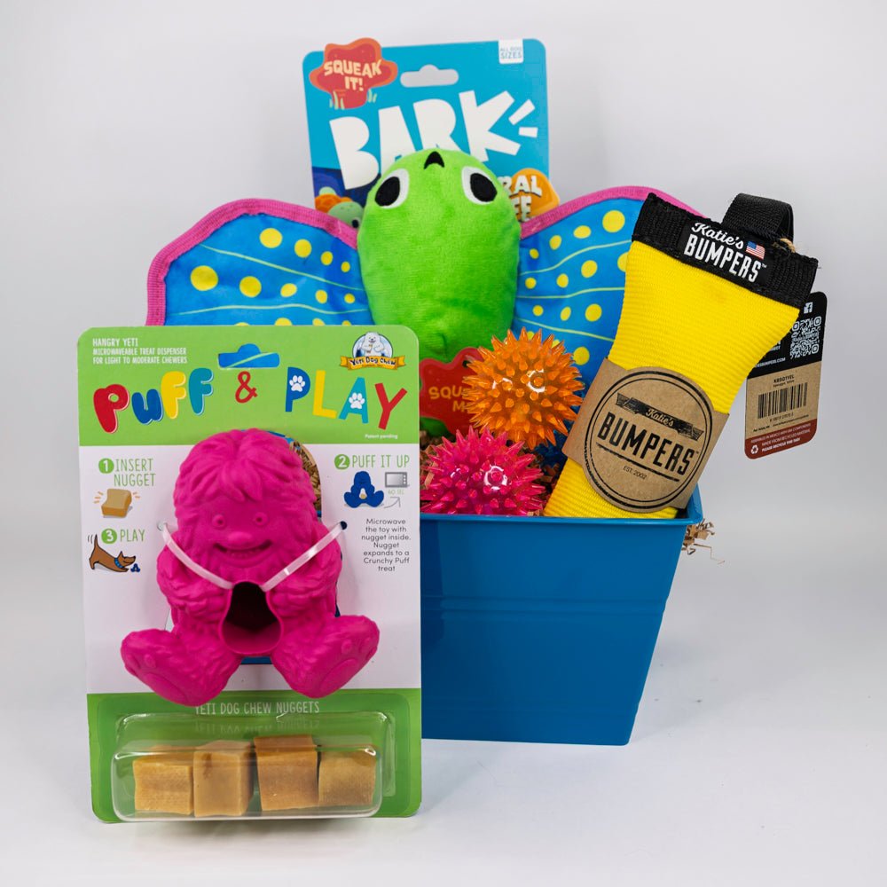 $5 OFF! Like A Rainbow Dog & Puppy Gift Basket / BARK, Yeti Chews, Katie Bumpers