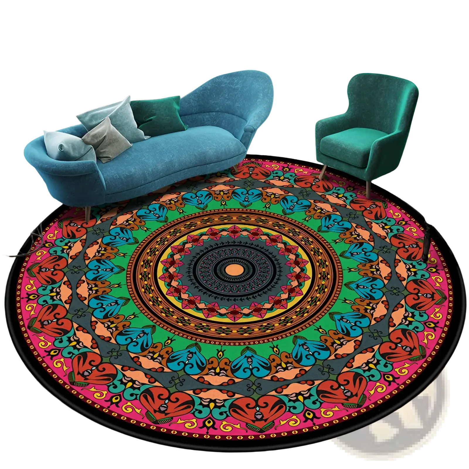 Mandala Round Rug Vibrant Geometric Polyester Carpet