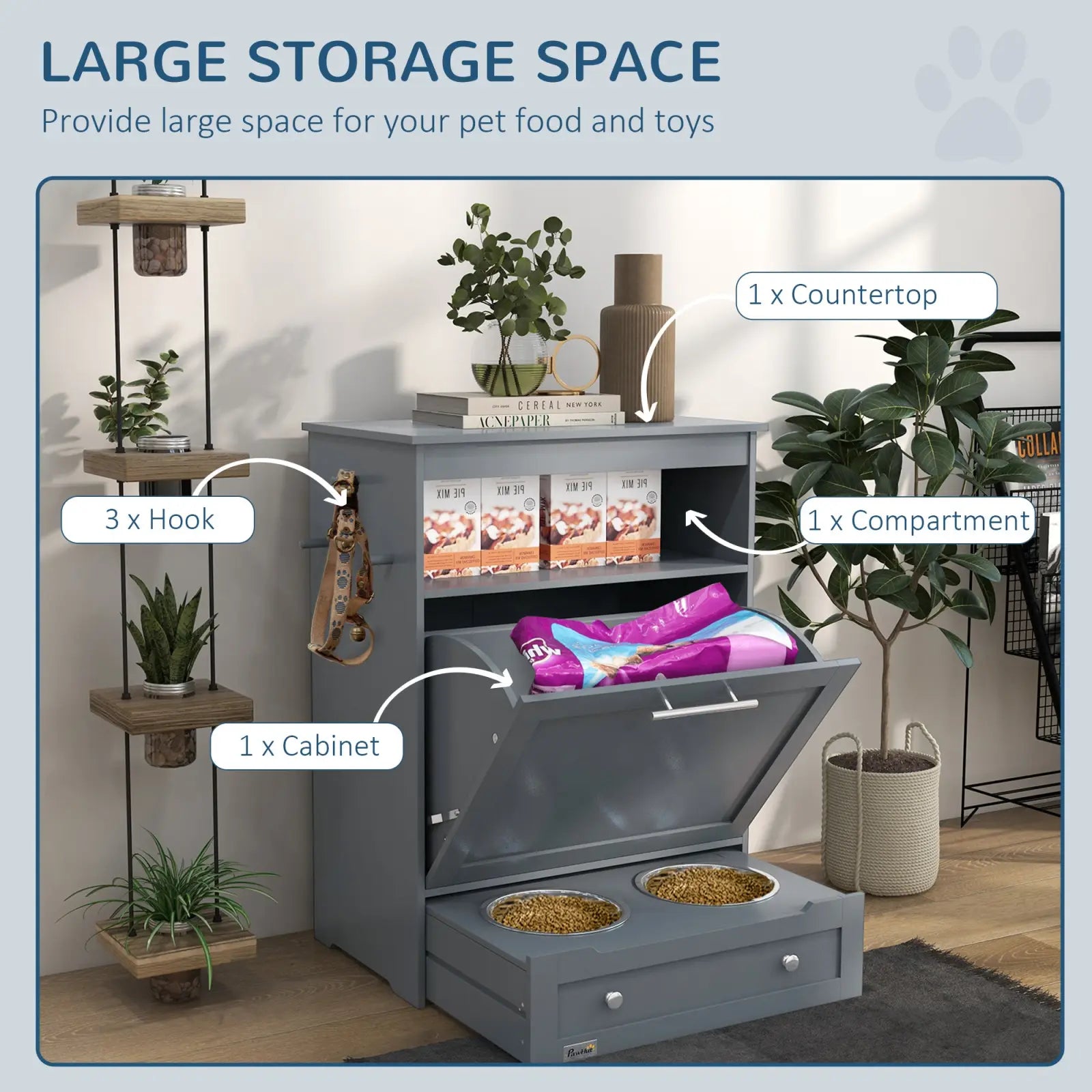 Pet Feeder Station with Dog Food Storage Cabinet
