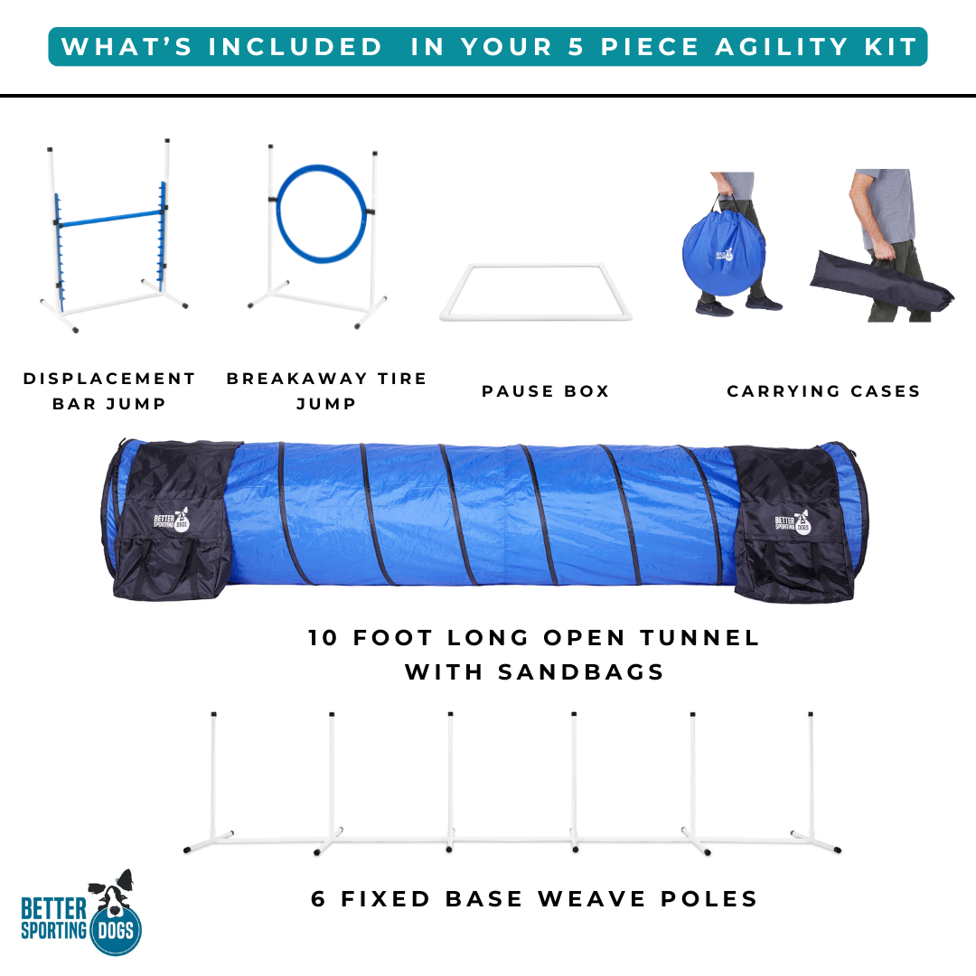 Better Sporting Dogs Upgraded Dog Agility Set – 5 Piece Training Kit with Safety Breakaway Tire Jump, Displacement Bar Jump, Tunnel, Weave Poles &amp; Pause Box