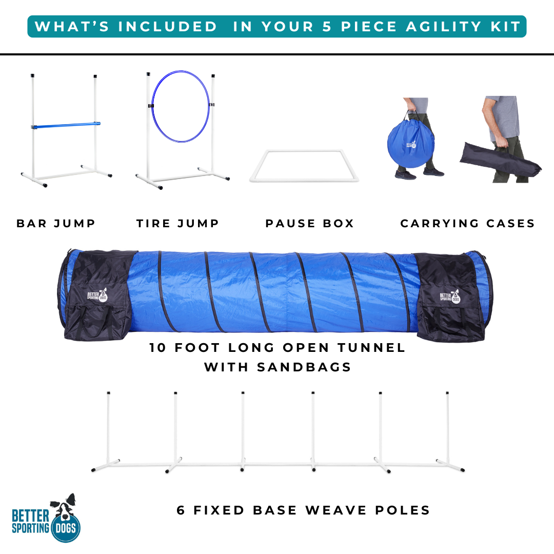 Better Sporting Dogs 5 Piece Dog Agility Equipment Set –  with Jumps, Tunnel, Pause Box &amp; Weave Poles