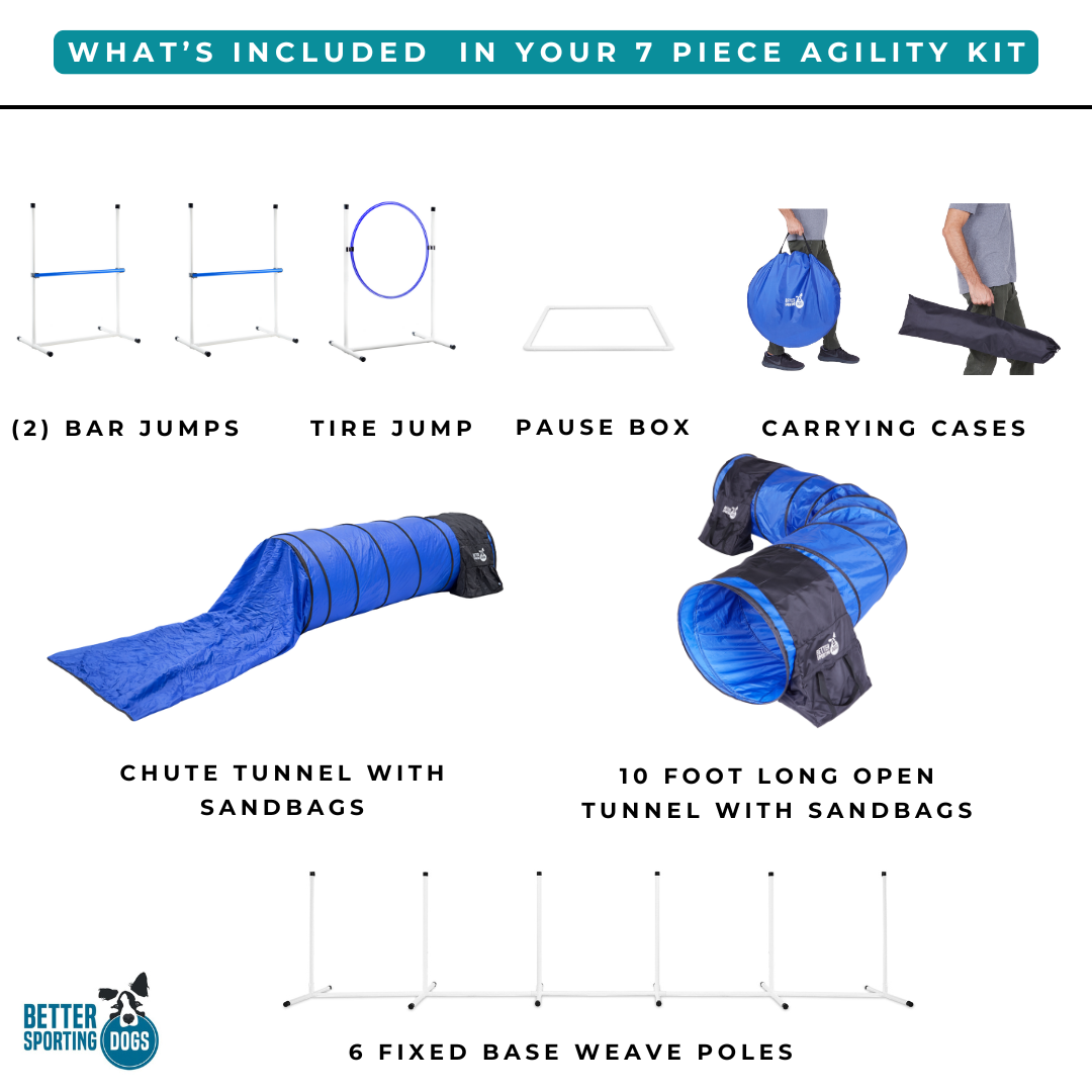 Better Sporting Dogs 7 Piece Dog Agility Equipment Set –  with Jumps, Tunnels, Pause Box &amp; Weave Poles