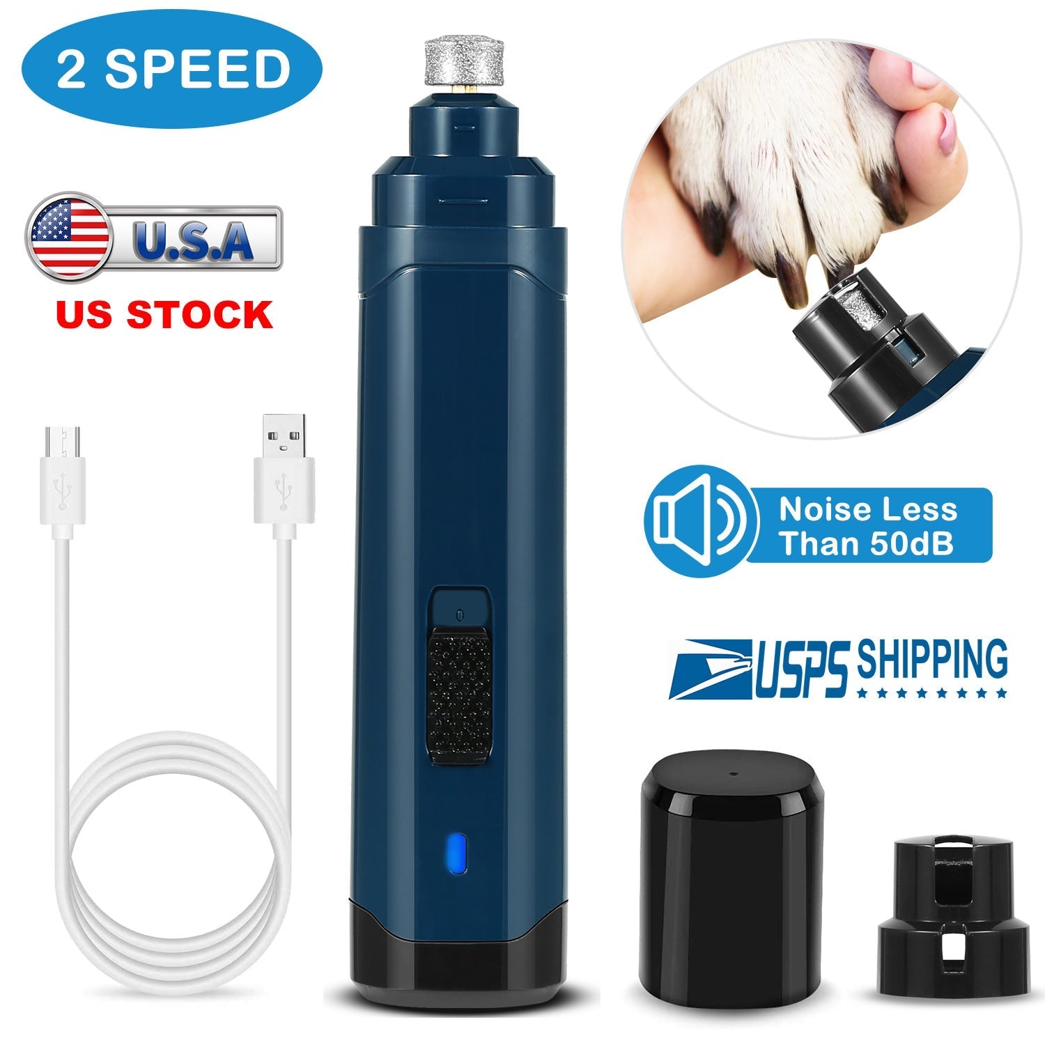 Dog Nail Grinder 2 Speeds Quiet USB Rechargeable Pet Nail Grinder Professional Pet Nail Trimmer Cordless Paws Grooming &amp; Smoothing Claw Care for Small