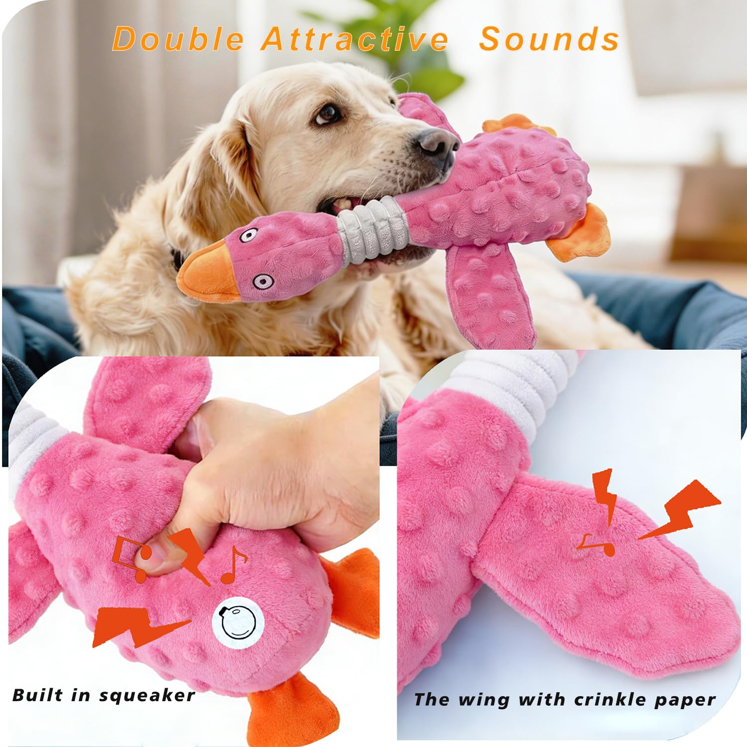 Squeaky Dog Toys For Aggressive Chewers, Durable Stuffed Animal Plush Dog Toy With Soft Fabric For Large, Medium &amp; Small Dogs, Interactive Puppy Chew Toy For Teething, Crinkle Duck Dog Toy - Pink