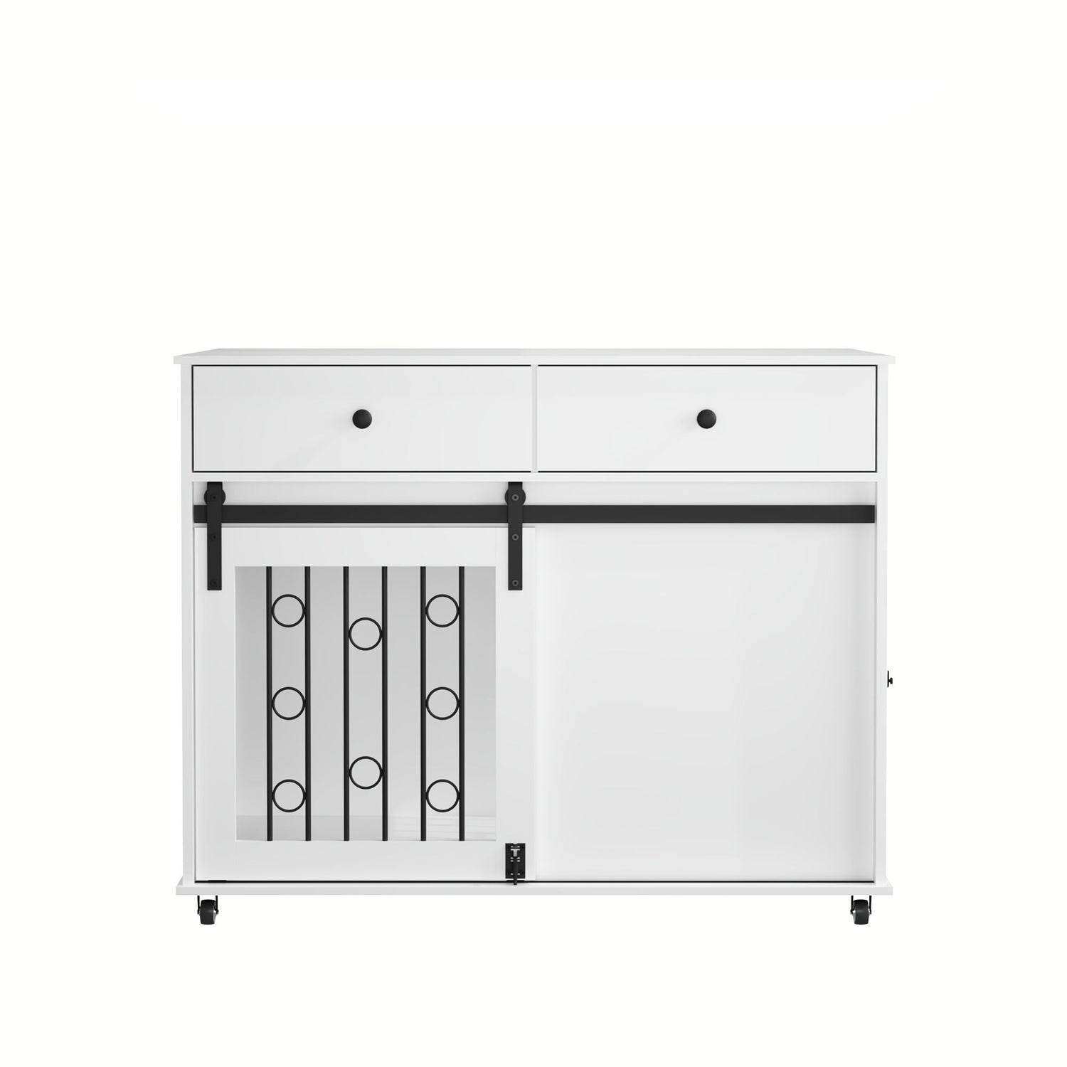 Dog Crate Furniture With Double Drawers And Sliding Barn Door, Pet Kennel For Small To Medium Dogs - White