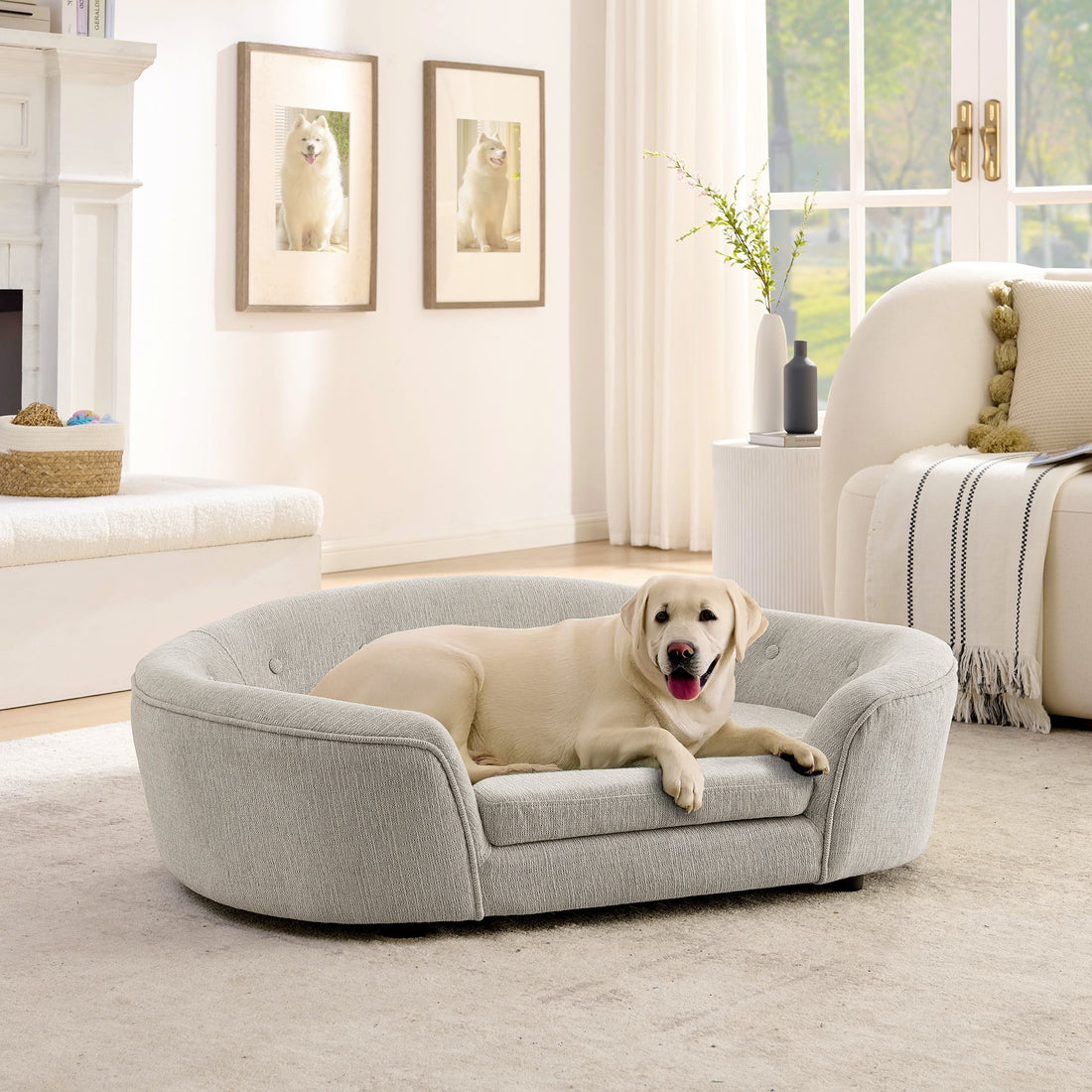 OVERSIZED Size Oval Semi-Enclosed Dog Sofa - Durable Linen Material, Button-Tufted Backrest, High-Center Low-Sides Support &amp; Plush Comfort-Beige