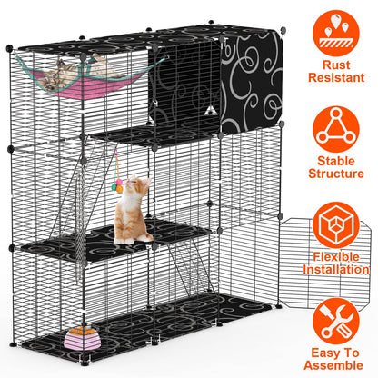 3-Tier Cat Cage Enclosure Indoor Cat Cage Playpen With Hammock Toy Ball Ladder DIY Iron Wire Cat House Kennels Crate For 1-2 Cats Ferret Rabbit Small