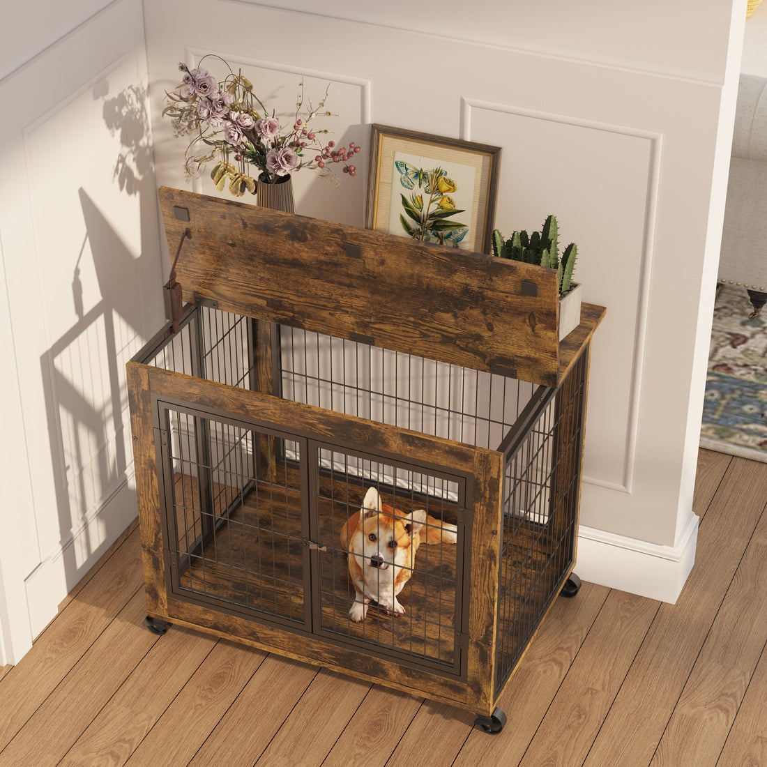Furniture Style Dog Crate Side Table on Wheels with Double Doors and Lift Top. Rustic Brown, 31.50&