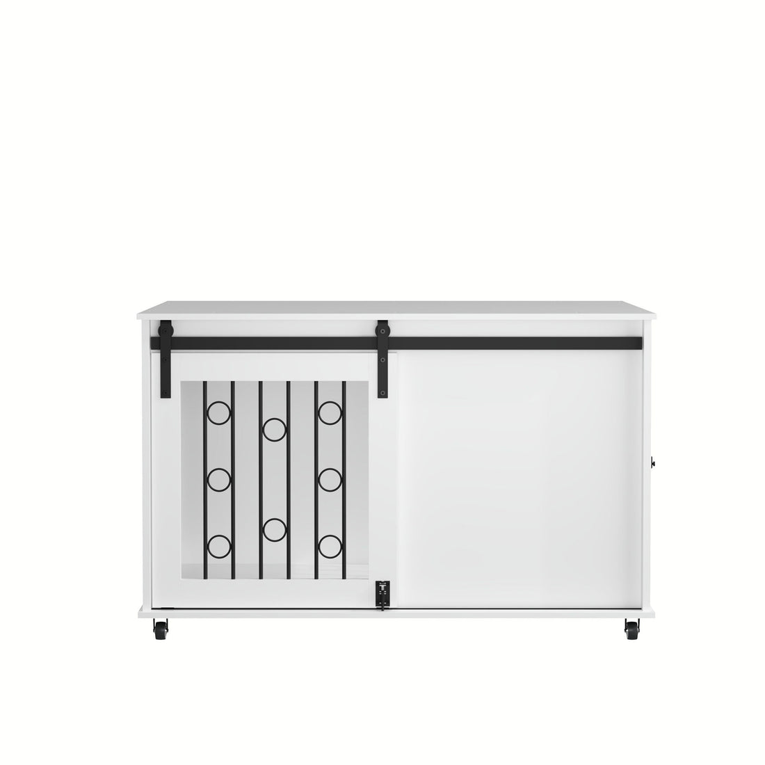 Dog Crate With Sliding Barn Door and Side Access, Lockable Wheels for Small to Medium Dogs - White