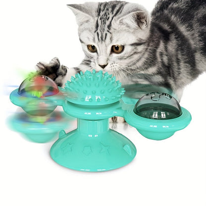 New Windmill Cat Toys Cute Rotating Interactive Cat Toy - Indoor Windmill Cat Toy With Suction Cup Catnip &amp; Jagged Teeth Middle Ball, Smart Kitten Rotating Spinner Exercise Toy, Toothbrush &amp; Massager