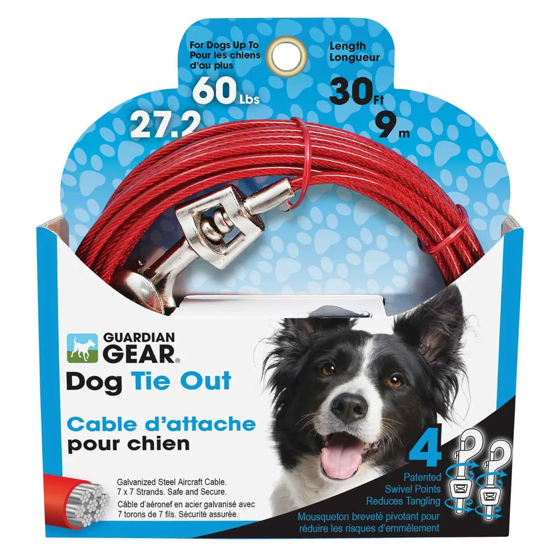 Boss Pet Tie-Out Cable for Large Dogs Up to 60lb 30ft Twin Swivel w/ Spring
