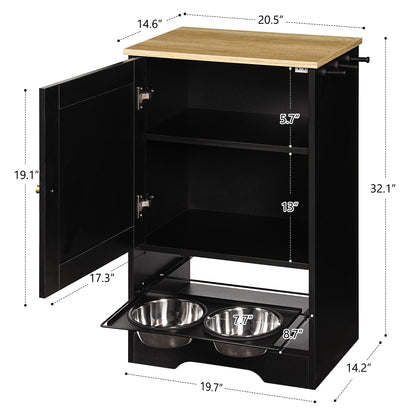 Feeding Station with 1 Storage Cabinets, Pet Feeding Station with 2 Elevated Dog Bowls, Side Hooks, Anti-tip Kit, Hidden Pet Feeder Station for Feeding &amp; Watering, Black