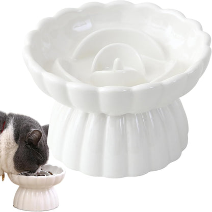 Elevated Ceramic Slow Feed Dish For Cats And Small Dogs, Flower Pool Design Pet Slow Feeder With Higher Edges,Raised Pet Bowl For Dry &amp; Wet Food