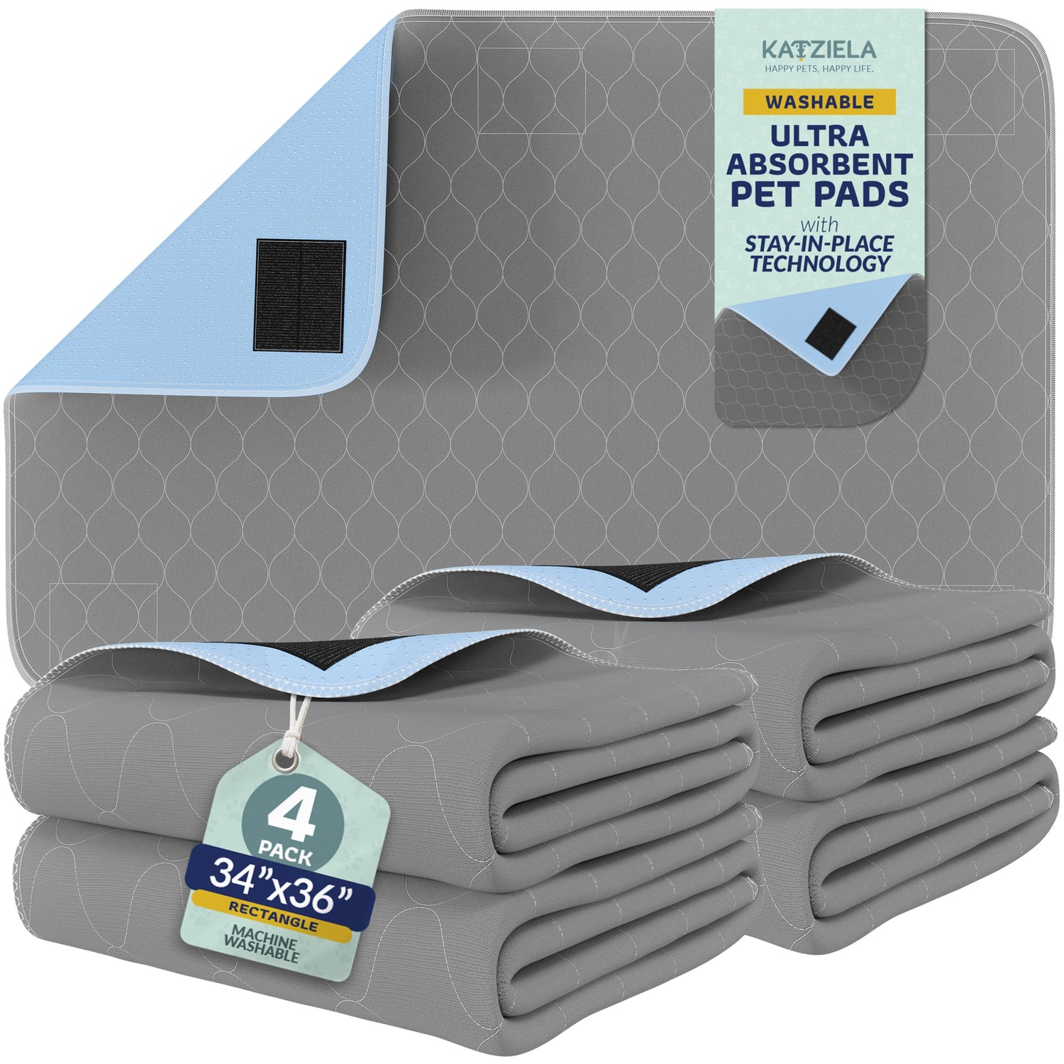 Katziela Quick-Drying Washable Pee Pads for Dogs With Hook &amp; Loop Rectangular