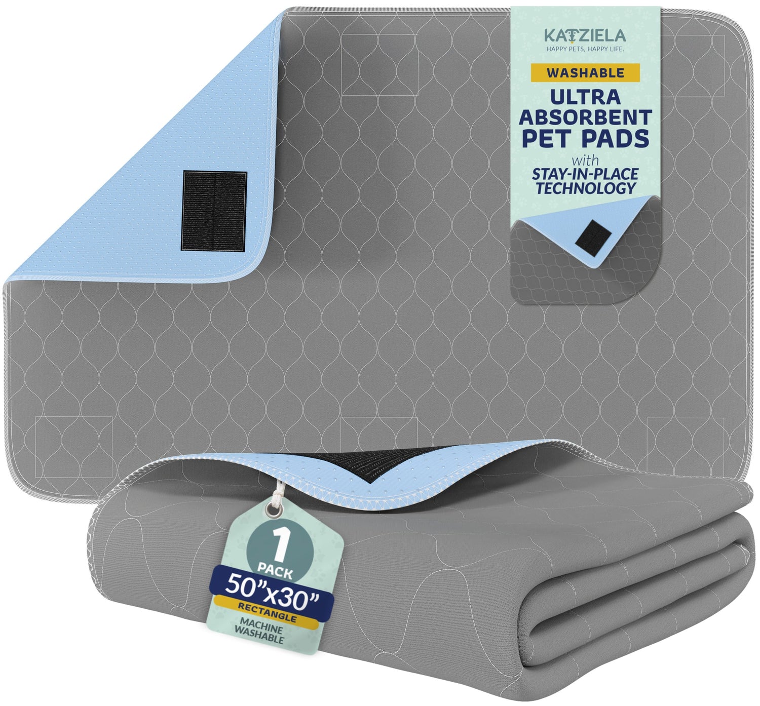 Katziela Quick-Drying Washable Pee Pads for Dogs With Hook &amp; Loop Rectangular
