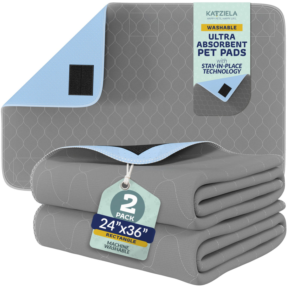 Katziela Quick-Drying Washable Pee Pads for Dogs With Hook &amp; Loop Rectangular