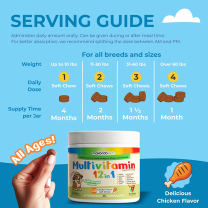 Dog Multivitamin 12-in-1 120 Soft Chews Glucosamine Probiotics &amp; Cranberry