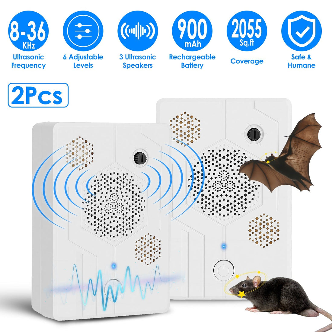 2Pack 2026 Upgraded Rechargeable Ultrasonic Bat Repellent Indoor Outdoor Bird Mouse Dog Deterrent Device with 3 Ultrasonic Speakers for Attic Porch Ho