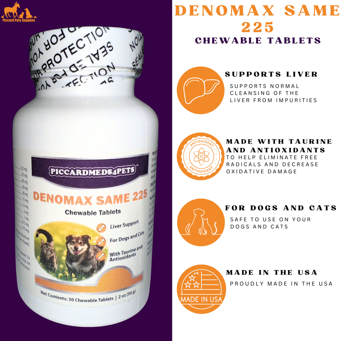 Piccardmeds4pets Denomax SAMe 225mg Dogs &amp; Cats Liver Support 30 Count