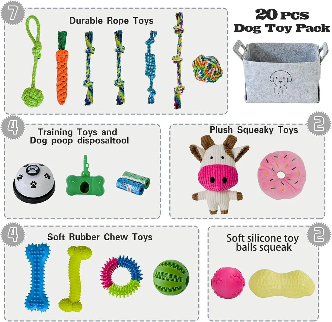 20-Piece Puppy Teething Chew Toy Set with Basket for Small &amp; Medium Dogs