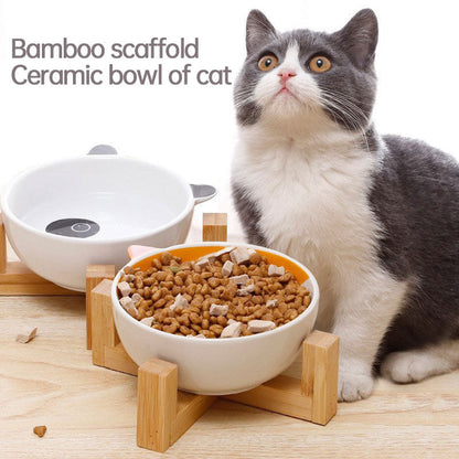 Double Ear Cartoon Ceramic Pet Bowl Bamboo Wooden Frame Matching Neck Bowl Dog Bowl Ceramic Cat Bowl