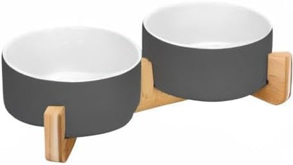 SPUNKYJUNKY Ceramic Dog and Cat Bowl Set with Wooden Stand, Modern Cute Weighted Food Water Set for Small Size Dogs (13.5OZ) &amp; Medium Sized Dogs (28.7OZ) &amp; Cats (3.6 Cups, 2 × White-Grey)