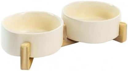 SPUNKYJUNKY Ceramic Dog and Cat Bowl Set with Wooden Stand, Modern Cute Weighted Food Water Set for Small Size Dogs (13.5OZ) &amp; Medium Sized Dogs (28.7OZ) &amp; Cats (1.7 Cups, 2 × Beige)