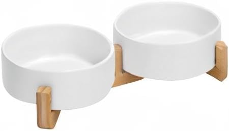 SPUNKYJUNKY Ceramic Dog and Cat Bowl with Wood Stand Non-Slip Matte Glaze Weighted Food Water Set for Cats &amp;Small Dogs 13.5 OZ