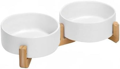 SPUNKYJUNKY Ceramic Dog and Cat Bowl with Wood Stand Non-Slip Matte Glaze Weighted Food Water Set for Cats &amp;Small Dogs 13.5 OZ