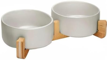 SPUNKYJUNKY Ceramic Dog and Cat Bowl with Wood Stand Non-Slip Matte Glaze Weighted Food Water Set for Cat Medium Dog 28.7 OZ