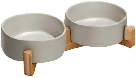 SPUNKYJUNKY Ceramic Dog and Cat Bowl with Wood Stand Non-Slip Matte Glaze Weighted Food Water Set for Cats &amp;Small Dogs 13.5OZ